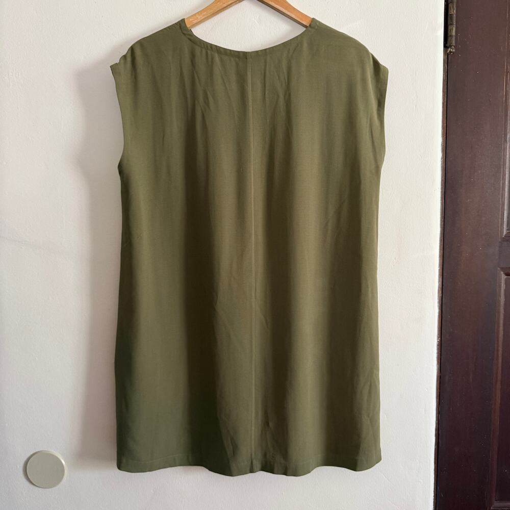 EILEEN FISHER Olive Green Silk Crepe Shift Dress Small Petite Boho Lagenlook - Picture 5 of 5